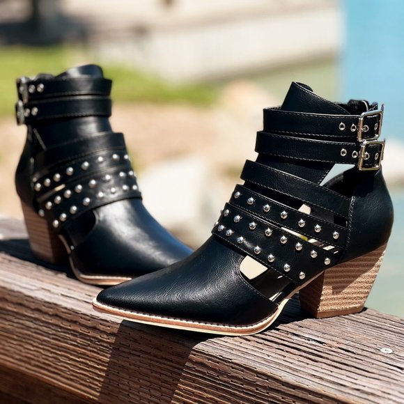 NEW Black Studded Cutout Buckle Strap Pointy Toe Block Heel Ankle Booties Vegan - Picture 15 of 16